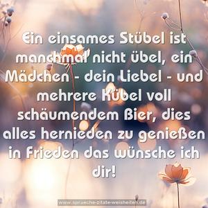 Ein einsames Stübel ist manchmal nicht übel,
ein Mädchen - dein Liebel - und mehrere Kübel
voll schäumendem Bier,
dies alles hernieden zu genießen in Frieden
das wünsche ich dir!