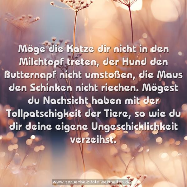 Möge die Katze dir nicht in den Milchtopf treten,
der Hund den Butternapf nicht umstoßen,
die Maus den Schinken nicht riechen.
Mögest du Nachsicht haben
mit der Tollpatschigkeit der Tiere,
so wie du dir deine eigene Ungeschicklichkeit verzeihst.