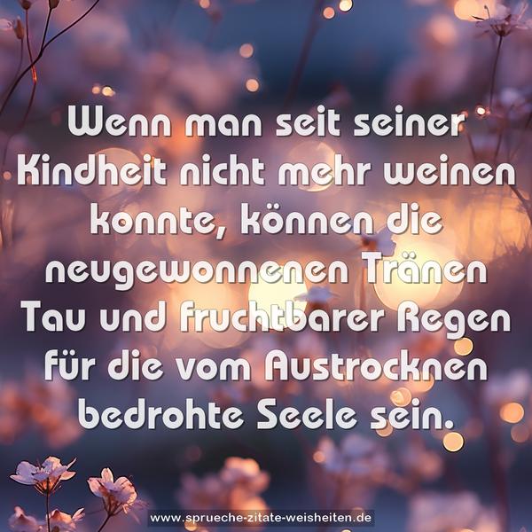 Wenn man seit seiner Kindheit nicht mehr weinen konnte,
können die neugewonnenen Tränen Tau und fruchtbarer Regen
für die vom Austrocknen bedrohte Seele sein.