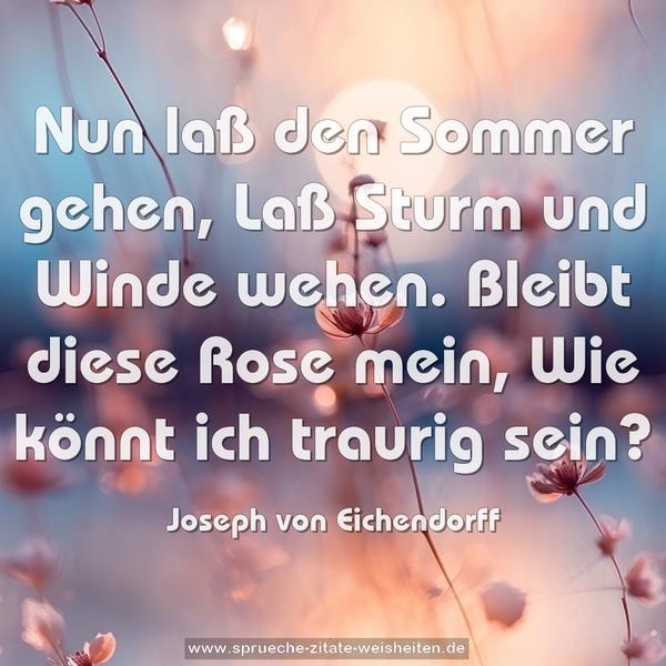 Nun laß den Sommer gehen,
Laß Sturm und Winde wehen.
Bleibt diese Rose mein,
Wie könnt ich traurig sein?