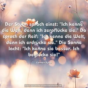 Der Sturm sprach einst:
"Ich kenne die Welt, denn ich zerpflücke sie."
Da sprach der Reif:
"Ich kenne die Welt, denn ich erdrücke sie."
Die Sonne lacht:
"Ich kenne sie besser. Ich beglücke sie!"