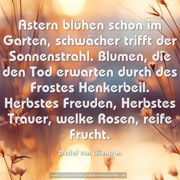 Astern blühen schon im Garten,
schwächer trifft der Sonnenstrahl.
Blumen, die den Tod erwarten
durch des Frostes Henkerbeil.
Herbstes Freuden, Herbstes Trauer,
welke Rosen, reife Frucht.