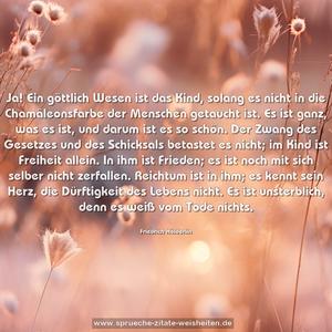 Ja! Ein göttlich Wesen ist das Kind,
solang es nicht in die Chamäleonsfarbe der Menschen getaucht ist.
Es ist ganz, was es ist, und darum ist es so schön.
Der Zwang des Gesetzes und des Schicksals betastet es nicht; im Kind ist Freiheit allein.
In ihm ist Frieden;
es ist noch mit sich selber nicht zerfallen.
Reichtum ist in ihm;
es kennt sein Herz, die Dürftigkeit des Lebens nicht.
Es ist unsterblich,
denn es weiß vom Tode nichts.