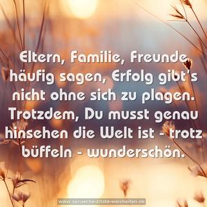 Eltern, Familie, Freunde häufig sagen,
Erfolg gibt’s nicht ohne sich zu plagen.
Trotzdem, Du musst genau hinsehen
die Welt ist - trotz büffeln - wunderschön.