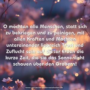 O möchten alle Menschen,
statt sich zu bekriegen und zu peinigen,
mit allen Kräften und Mächten untereinander
liebreich Trost und Zuflucht sein auf dieser
Erden die kurze Zeit,
die sie das Sonnenlicht schauen über den Gräbern!