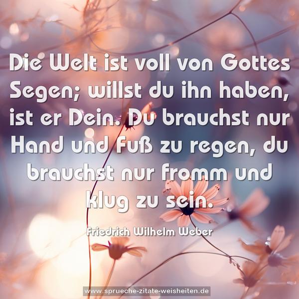 Die Welt ist voll von Gottes Segen;
willst du ihn haben, ist er Dein.
Du brauchst nur Hand und Fuß zu regen,
du brauchst nur fromm und klug zu sein.