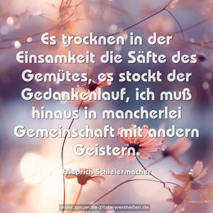 Es trocknen in der Einsamkeit die Säfte des Gemütes,
es stockt der Gedankenlauf,
ich muß hinaus in mancherlei Gemeinschaft mit andern Geistern.