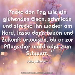 Packe den Tag wie ein glühendes Eisen,
schmiede und strecke ihn wacker am Herd,
lasse dann Leben und Zukunft erweisen,
ob er zur Pflugschar ward oder zum Schwert.