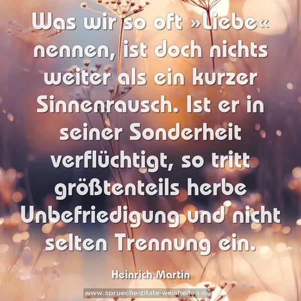 Was wir so oft »Liebe« nennen, ist doch nichts weiter als ein kurzer Sinnenrausch. Ist er in seiner Sonderheit verflüchtigt, so tritt größtenteils herbe Unbefriedigung und nicht selten Trennung ein.