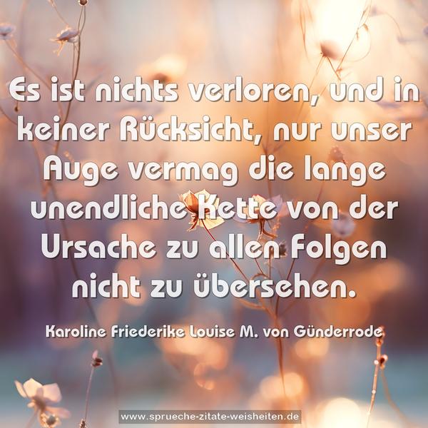 Es ist nichts verloren, und in keiner Rücksicht,
nur unser Auge vermag die lange unendliche Kette von der Ursache zu allen Folgen nicht zu übersehen.