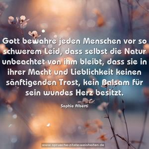 Gott bewahre jeden Menschen vor so schwerem Leid, dass selbst die Natur unbeachtet von ihm bleibt, dass sie in ihrer Macht und Lieblichkeit keinen sänftigenden Trost, kein Balsam für sein wundes Herz besitzt.