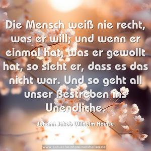 Die Mensch weiß nie recht, was er will;
und wenn er einmal hat, was er gewollt hat,
so sieht er, dass es das nicht war. Und so geht all unser Bestreben ins Unendliche.