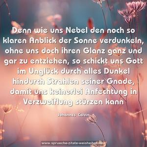 Denn wie uns Nebel den noch so klaren Anblick der Sonne verdunkeln, ohne uns doch ihren Glanz ganz und gar zu entziehen, so schickt uns Gott im Unglück durch alles Dunkel hindurch Strahlen seiner Gnade, damit uns keinerlei Anfechtung in Verzweiflung stürzen kann