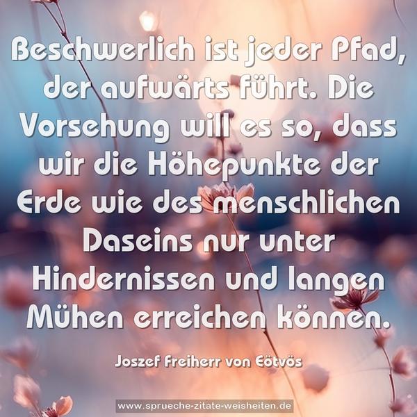 Beschwerlich ist jeder Pfad, der aufwärts führt.
Die Vorsehung will es so, dass wir die Höhepunkte der Erde wie des menschlichen Daseins nur unter Hindernissen und langen Mühen erreichen können.