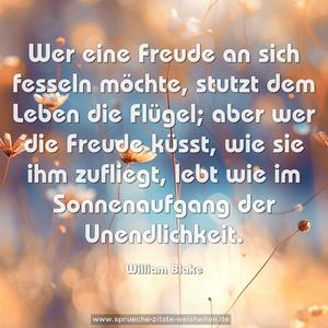 Wer eine Freude an sich fesseln möchte,
stutzt dem Leben die Flügel;
aber wer die Freude küsst, wie sie ihm zufliegt,
lebt wie im Sonnenaufgang der Unendlichkeit.