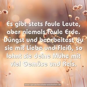 Es gibt stets faule Leute, aber niemals faule Erde.
Düngst und bearbeitest du sie mit Liebe und Fleiß,
so lohnt sie deine Mühe mit viel Gemüse und Reis.