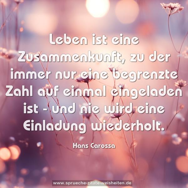 Leben ist eine Zusammenkunft,
zu der immer nur eine begrenzte Zahl
auf einmal eingeladen ist -
und nie wird eine Einladung wiederholt. 