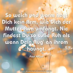 So weich und warm hegt Dich kein Arm,
wie Dich der Mutter Arm umfängt.
Nie findest Du so süße Ruh
als wenn Dein Aug' an ihrem häüngt.