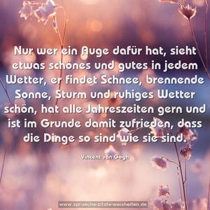 Nur wer ein Auge dafür hat,
sieht etwas schönes und gutes in jedem Wetter,
er findet Schnee, brennende Sonne, Sturm
und ruhiges Wetter schön,
hat alle Jahreszeiten gern und ist im Grunde damit zufrieden,
dass die Dinge so sind wie sie sind.