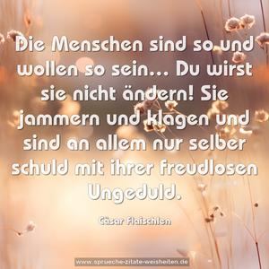 Die Menschen sind so und wollen so sein…
Du wirst sie nicht ändern!
Sie jammern und klagen und sind an allem nur selber schuld
mit ihrer freudlosen Ungeduld.