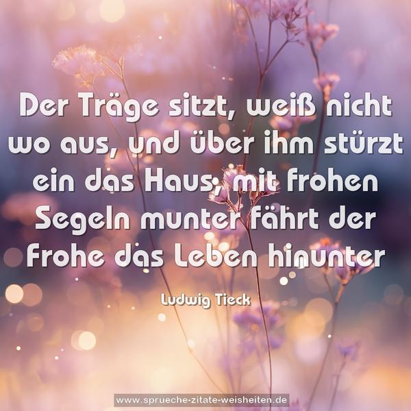 Der Träge sitzt, weiß nicht wo aus,
und über ihm stürzt ein das Haus,
mit frohen Segeln munter
fährt der Frohe das Leben hinunter