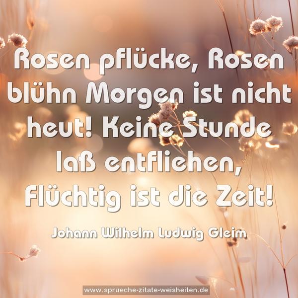 Rosen pflücke, Rosen blühn
Morgen ist nicht heut!
Keine Stunde laß entfliehen,
Flüchtig ist die Zeit!