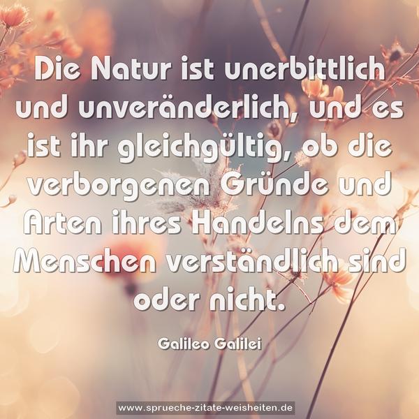 Die Natur ist unerbittlich und unveränderlich,
und es ist ihr gleichgültig, ob die verborgenen Gründe und Arten ihres Handelns dem Menschen verständlich sind oder nicht.