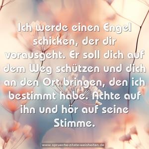 Ich werde einen Engel schicken,
der dir vorausgeht.
Er soll dich auf dem Weg schützen 
und dich an den Ort bringen,
den ich bestimmt habe.
Achte auf ihn und hör auf seine Stimme.