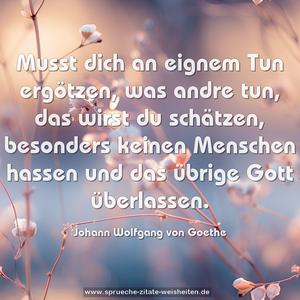 Musst dich an eignem Tun ergötzen,
was andre tun, das wirst du schätzen,
besonders keinen Menschen hassen
und das übrige Gott überlassen.