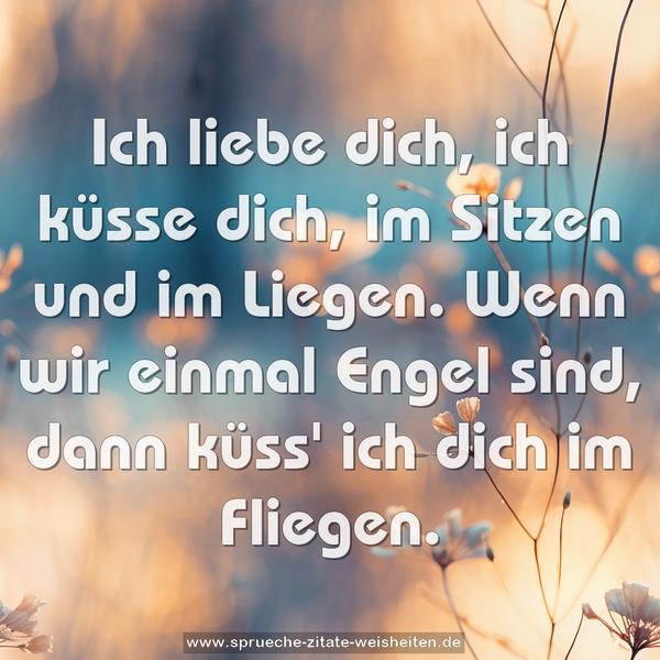 Ich liebe dich, ich küsse dich,
im Sitzen und im Liegen.
Wenn wir einmal Engel sind,
dann küss' ich dich im Fliegen.
