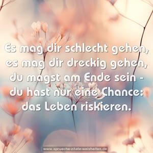 Es mag dir schlecht gehen,
es mag dir dreckig gehen,
du magst am Ende sein -
du hast nur eine Chance:
das Leben riskieren.