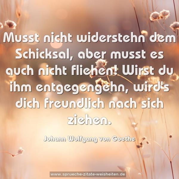 Musst nicht widerstehn dem Schicksal,
aber musst es auch nicht fliehen!
Wirst du ihm entgegengehn,
wird's dich freundlich nach sich ziehen.