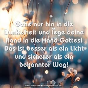 Gehe nur hin in die Dunkelheit
und lege deine Hand in die Hand Gottes!
Das ist besser als ein Licht
und sicherer als ein bekannter Weg!