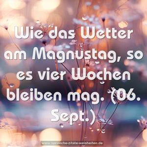 Wie das Wetter am Magnustag,
so es vier Wochen bleiben mag.
(06. Sept.)