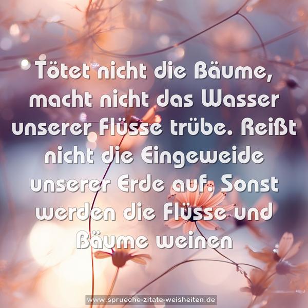 Tötet nicht die Bäume,
macht nicht das Wasser unserer Flüsse trübe.
Reißt nicht die Eingeweide unserer Erde auf.
Sonst werden die Flüsse und Bäume weinen