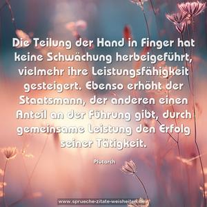 Die Teilung der Hand in Finger hat keine Schwächung herbeigeführt, vielmehr ihre Leistungsfähigkeit gesteigert. Ebenso erhöht der Staatsmann, der anderen einen Anteil an der Führung gibt, durch gemeinsame Leistung den Erfolg seiner Tätigkeit.