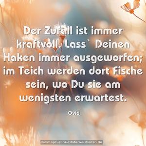 Der Zufall ist immer kraftvoll.
Lass` Deinen Haken immer ausgeworfen; im Teich werden dort Fische sein, wo Du sie am wenigsten erwartest.