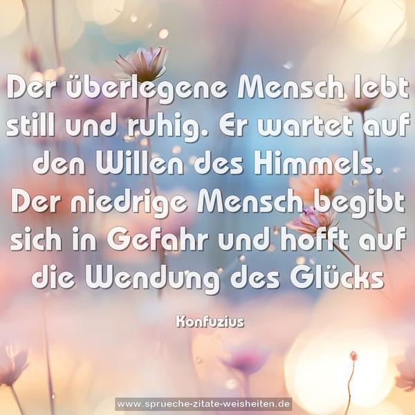 Der überlegene Mensch lebt still und ruhig.
Er wartet auf den Willen des Himmels.
Der niedrige Mensch begibt sich in Gefahr
und hofft auf die Wendung des Glücks