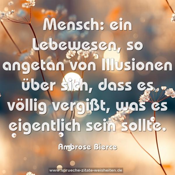 Mensch:
ein Lebewesen, so angetan von Illusionen über sich,
dass es völlig vergißt, was es eigentlich sein sollte.