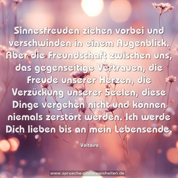 Sinnesfreuden ziehen vorbei und verschwinden in einem Augenblick.
Aber die Freundschaft zwischen uns, das gegenseitige Vertrauen, die Freude unserer Herzen, die Verzückung unserer Seelen, diese Dinge vergehen nicht und können niemals zerstört werden.
Ich werde Dich lieben bis an mein Lebensende.