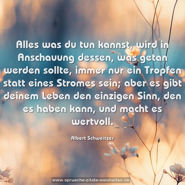 Alles was du tun kannst,
wird in Anschauung dessen, was getan werden sollte,
immer nur ein Tropfen statt eines Stromes sein;
aber es gibt deinem Leben den einzigen Sinn,
den es haben kann, und macht es wertvoll.