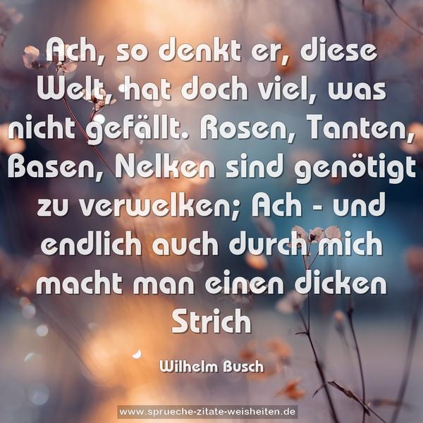 Ach, so denkt er, diese Welt,
hat doch viel, was nicht gefällt.
Rosen, Tanten, Basen, Nelken
sind genötigt zu verwelken;
Ach - und endlich auch durch mich
macht man einen dicken Strich