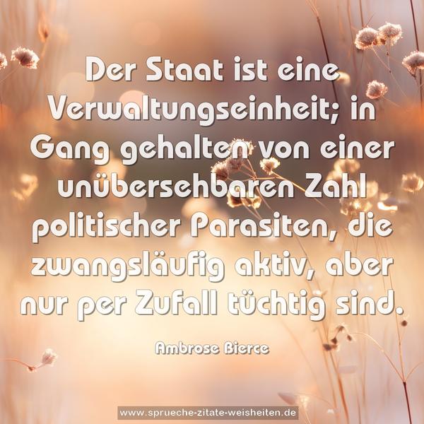 Der Staat ist eine Verwaltungseinheit; in Gang gehalten von einer unübersehbaren Zahl politischer Parasiten, die zwangsläufig aktiv, aber nur per Zufall tüchtig sind.