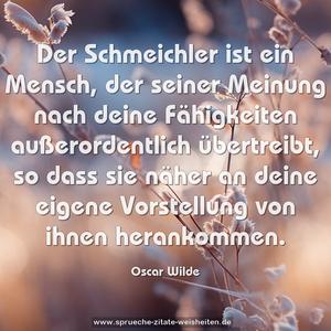 Der Schmeichler ist ein Mensch,
der seiner Meinung nach
deine Fähigkeiten außerordentlich übertreibt,
so dass sie näher an deine eigene Vorstellung von ihnen
herankommen.