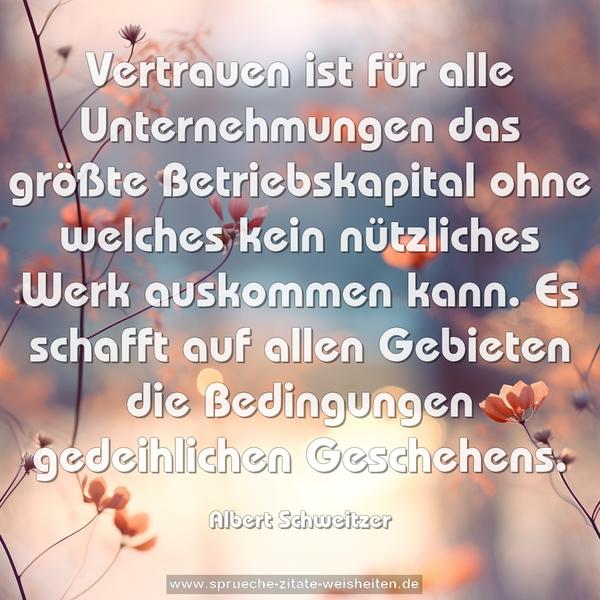 Vertrauen ist für alle Unternehmungen das größte Betriebskapital ohne welches kein nützliches Werk auskommen kann. Es schafft auf allen Gebieten die Bedingungen gedeihlichen Geschehens.