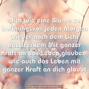 Dich wie eine Blume
so hoffnungsvoll jeden Morgen wieder
nach dem Licht ausstrecken.
Mit ganzer Kraft an das Leben glauben,
wie auch das Leben mit ganzer Kraft
an dich glaubt