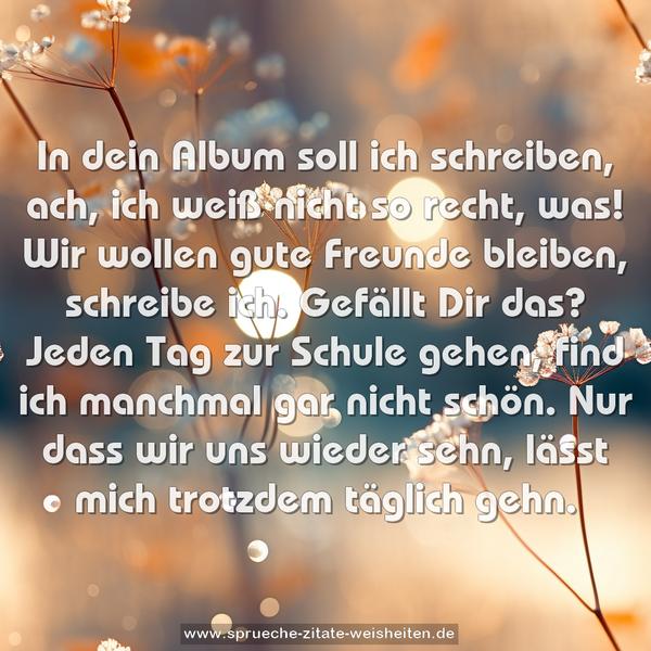 In dein Album soll ich schreiben,
ach, ich weiß nicht so recht, was!
Wir wollen gute Freunde bleiben,
schreibe ich. Gefällt Dir das?
Jeden Tag zur Schule gehen,
find ich manchmal gar nicht schön.
Nur dass wir uns wieder sehn,
lässt mich trotzdem täglich gehn.
