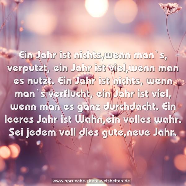 Ein Jahr ist nichts,wenn man`s, verputzt,
ein Jahr ist viel,wenn man es nutzt.
Ein Jahr ist nichts, wenn man`s verflucht,
ein Jahr ist viel, wenn man es ganz durchdacht.
Ein leeres Jahr ist Wahn,ein volles wahr.
Sei jedem voll dies gute,neue Jahr.
