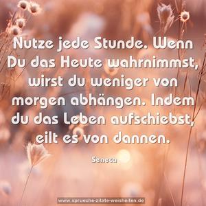 Nutze jede Stunde.
Wenn Du das Heute wahrnimmst, wirst du weniger von morgen abhängen.
Indem du das Leben aufschiebst, eilt es von dannen. 