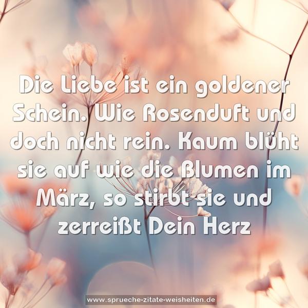 Die Liebe ist ein goldener Schein.
Wie Rosenduft und doch nicht rein.
Kaum blüht sie auf wie die Blumen im März,
so stirbt sie und zerreißt Dein Herz